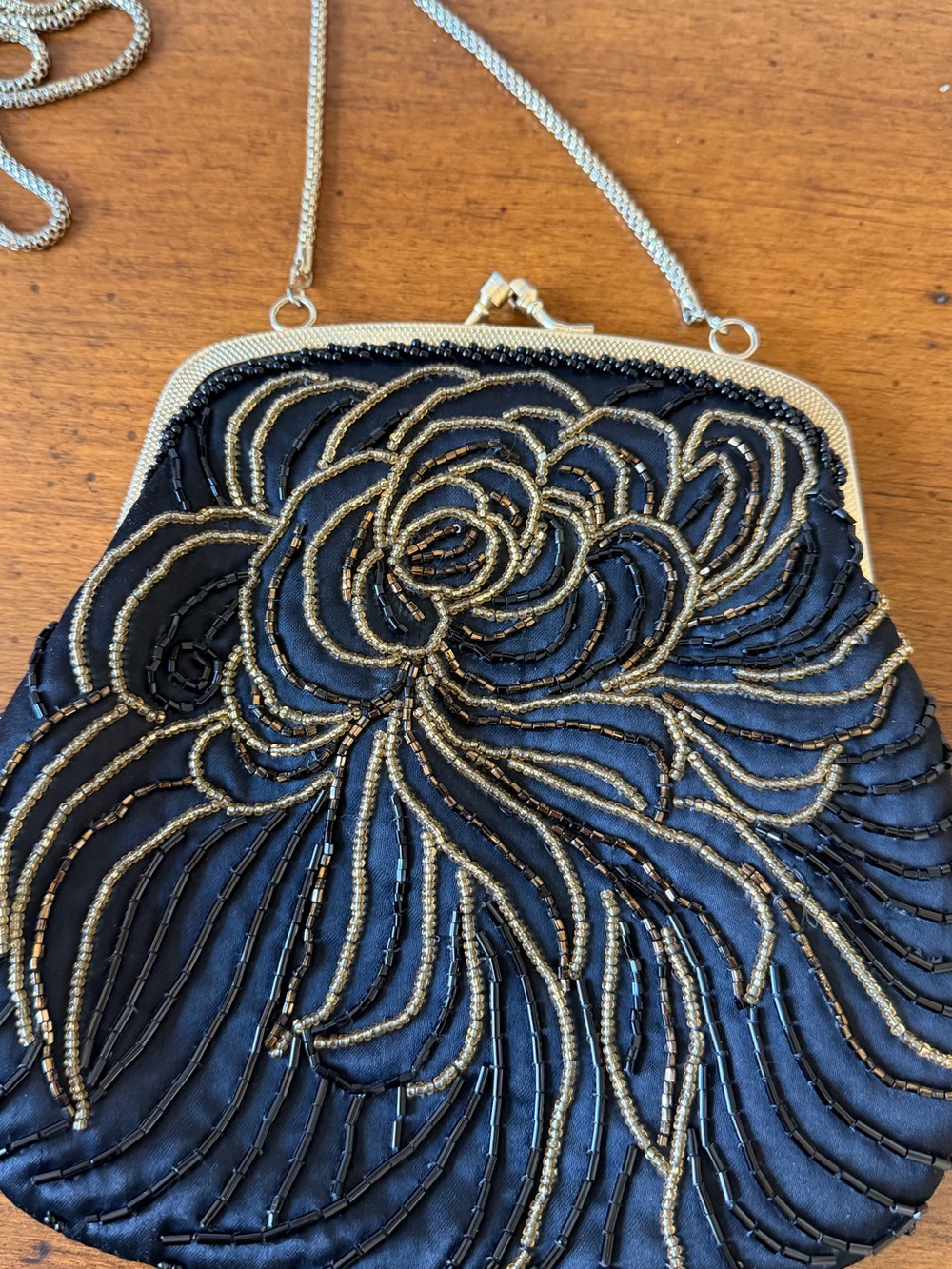 Vintage Black Beaded Evening Bag Floral Hong Kong Purse